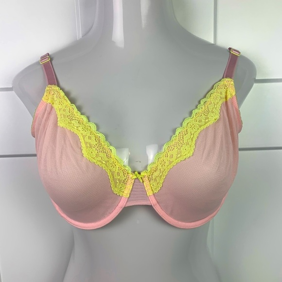 Victorias Secret Tease 36DDD Unlined Demi Bra Pink Yellow Mesh Sheer Lace - Picture 1 of 7